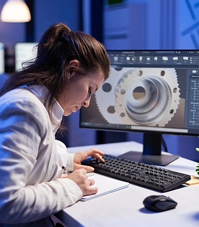 A women working on a computer while writing on a pad